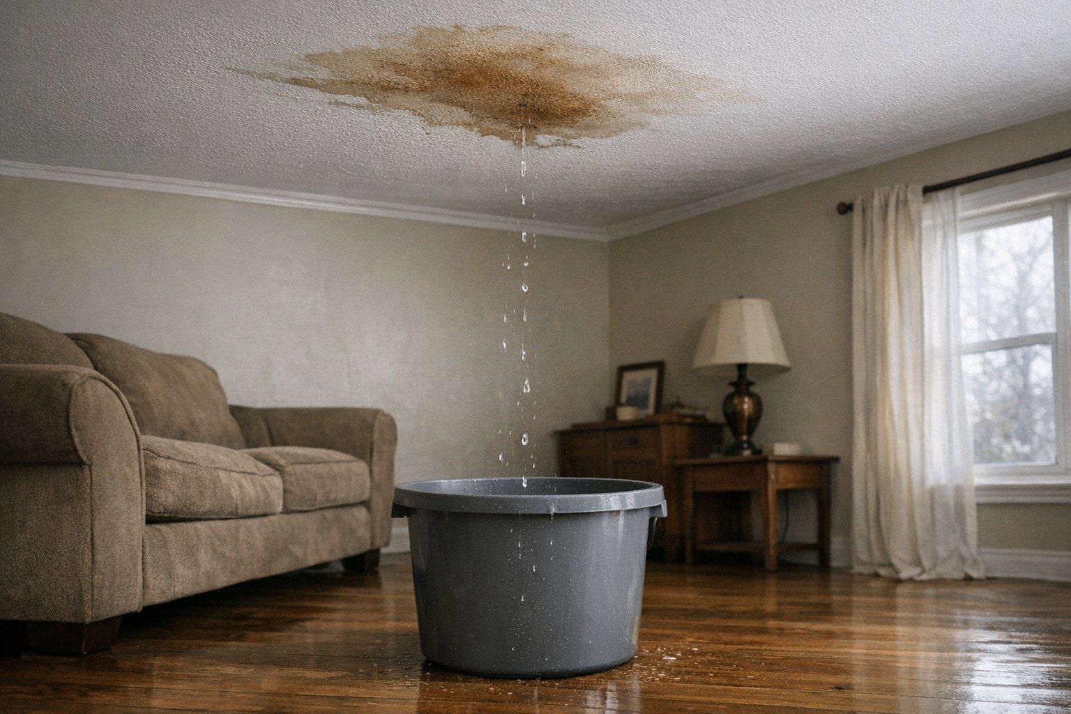 Water dripping from a stained living room ceiling into a bucket on a wood floor