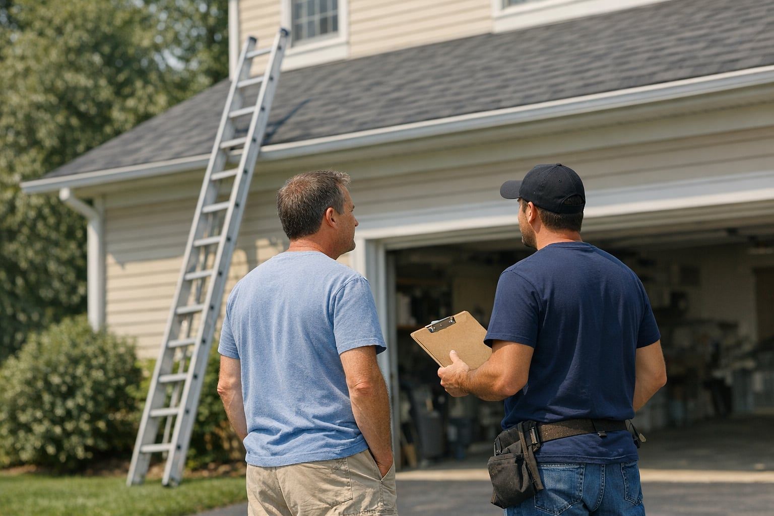 Homeowner and roofer talking in a driveway beside a ladder against the roof
