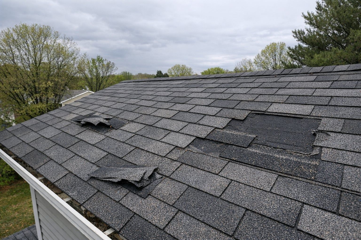 Asphalt shingle roof with wind torn and missing shingles exposing underlayment under an overcast sky