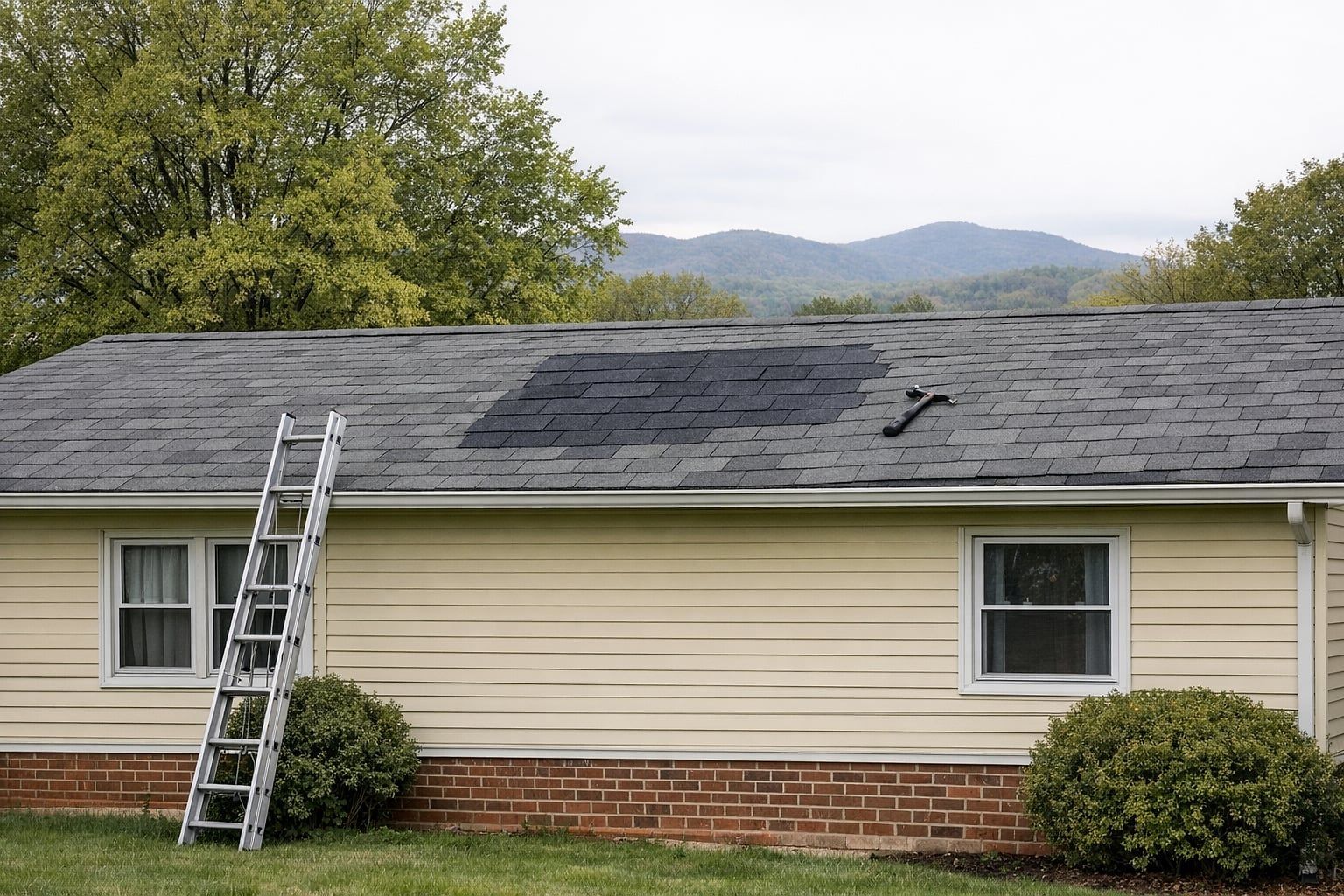 Pale yellow ranch house in Waynesboro, Virginia with a patch of new darker gray shingles on its older asphalt roof