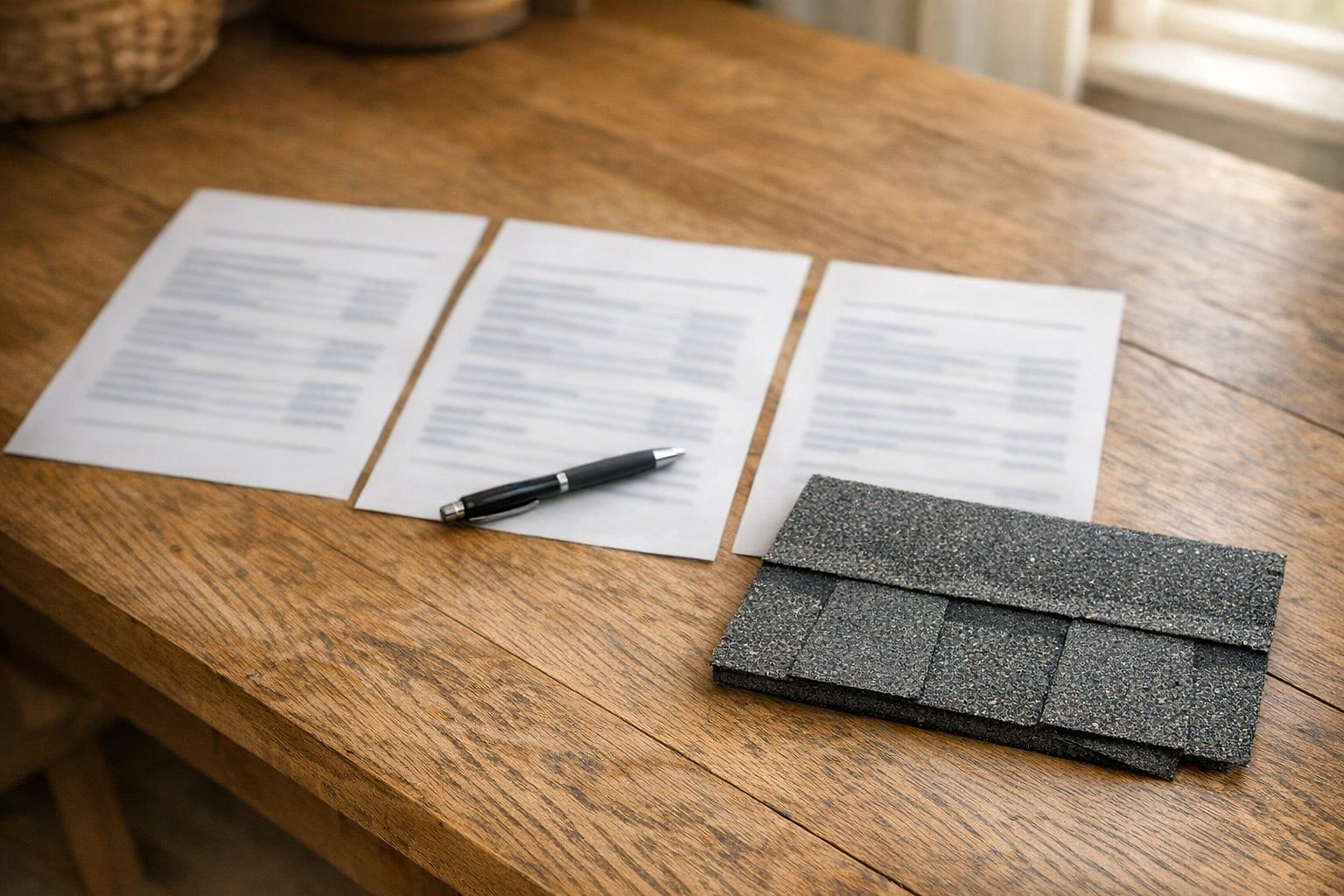 Three roofing estimates side by side on a kitchen table with a pen and a shingle sample