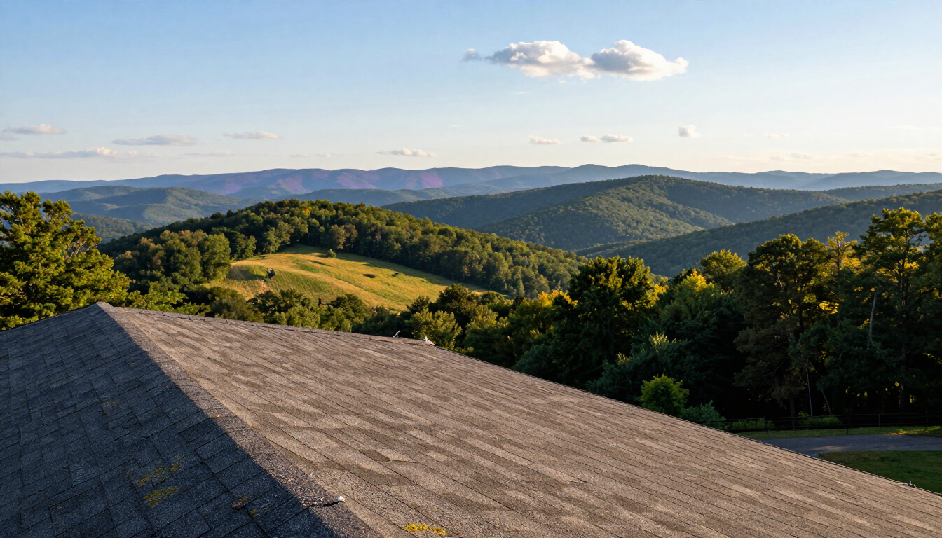 Mountain landscape at sunset with rolling green hills, distant blue ridges, and a gray roof in the foreground