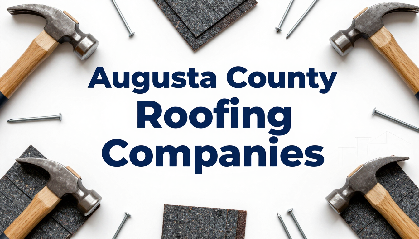 Augusta County Roofing Companies text with roofing tools and shingles on a white background