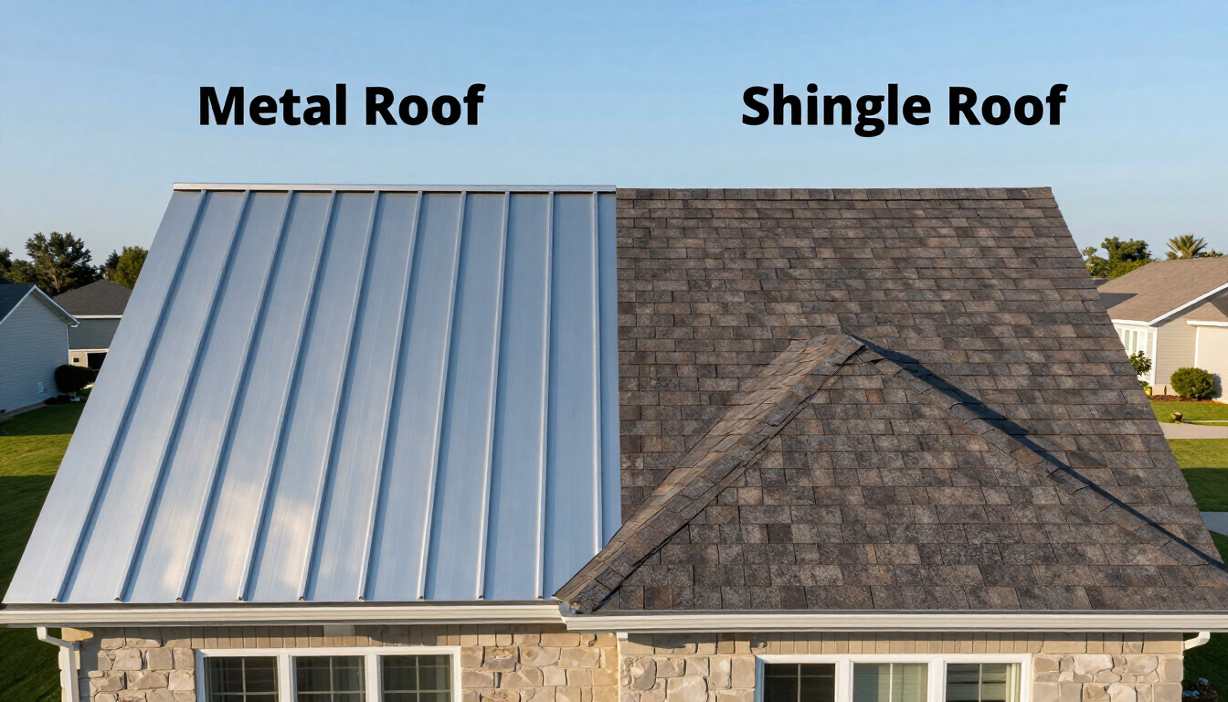 Split roof comparison: silver metal roof on left, brown shingle roof on right.