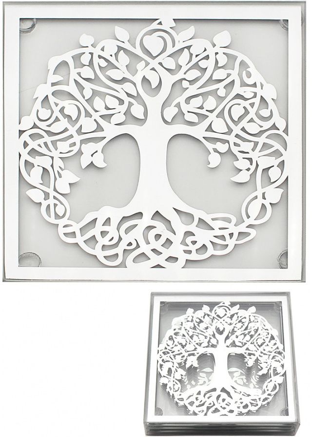 A picture of a tree of life on a coaster in a box.
