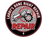 A logo for Larry's Done Right Repair, featuring a gloved hand holding a wrench over a gear on a striped background.