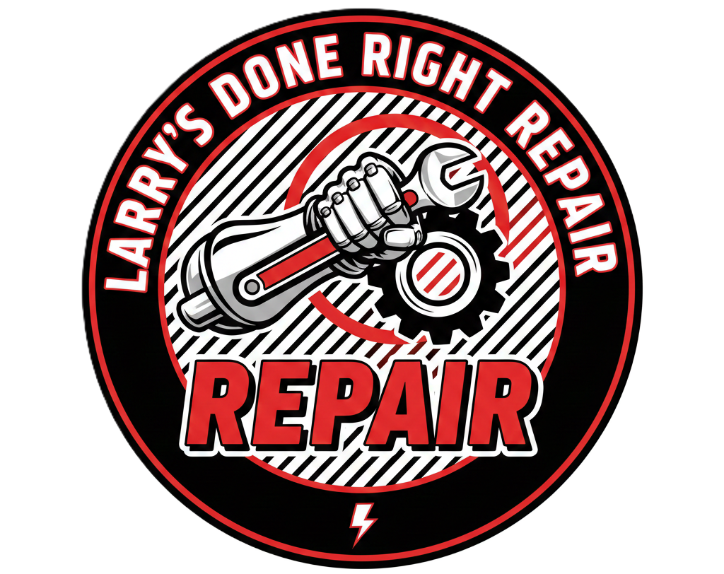 A logo for Larry's Done Right Repair, featuring a gloved hand holding a wrench over a gear on a striped background.