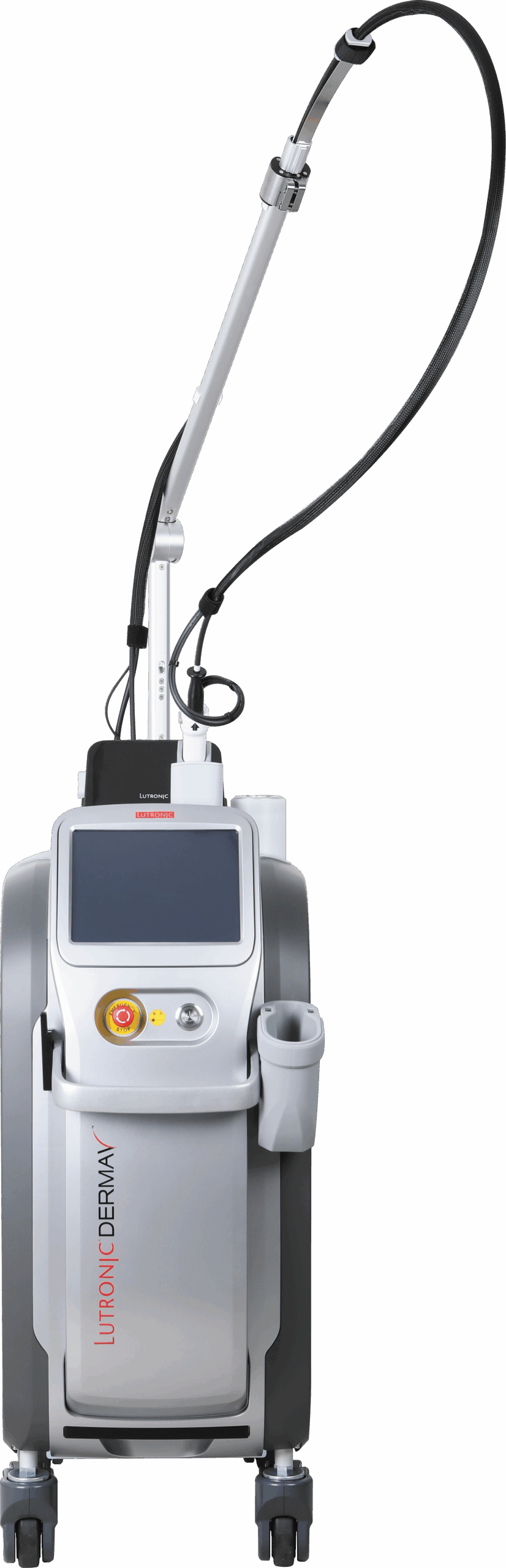 Apparecchiatura laser medica con touchscreen, braccio e ruote.