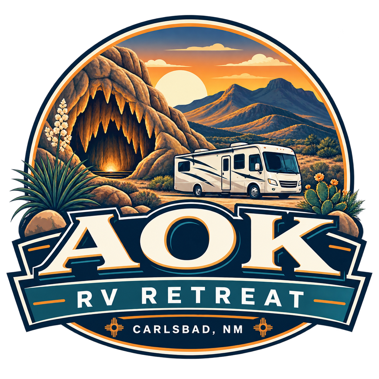 A purple, blue, and white logo for AOK RV Retreat, featuring an "OK" hand gesture and an oil pump jack silhouette.