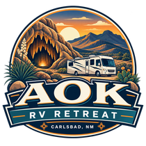A purple, blue, and white logo for AOK RV Retreat, featuring an "OK" hand gesture and an oil pump jack silhouette.