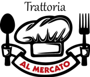 Logo della Trattoria Al Mercato con cappello da chef, forchetta, cucchiaio e striscione rosso su sfondo bianco.