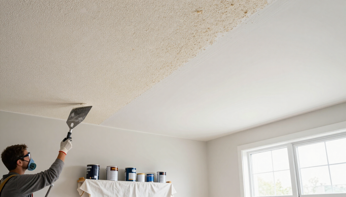 Gloved hands use a putty knife to scrape peeling ceiling paint near a window
