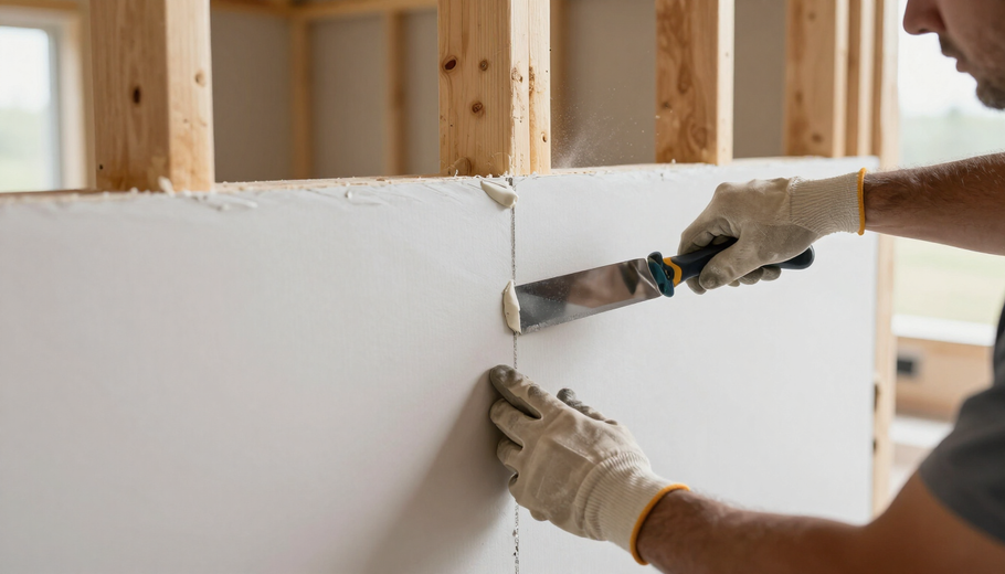 Gloved hands apply joint compound to a drywall seam in an unfinished room