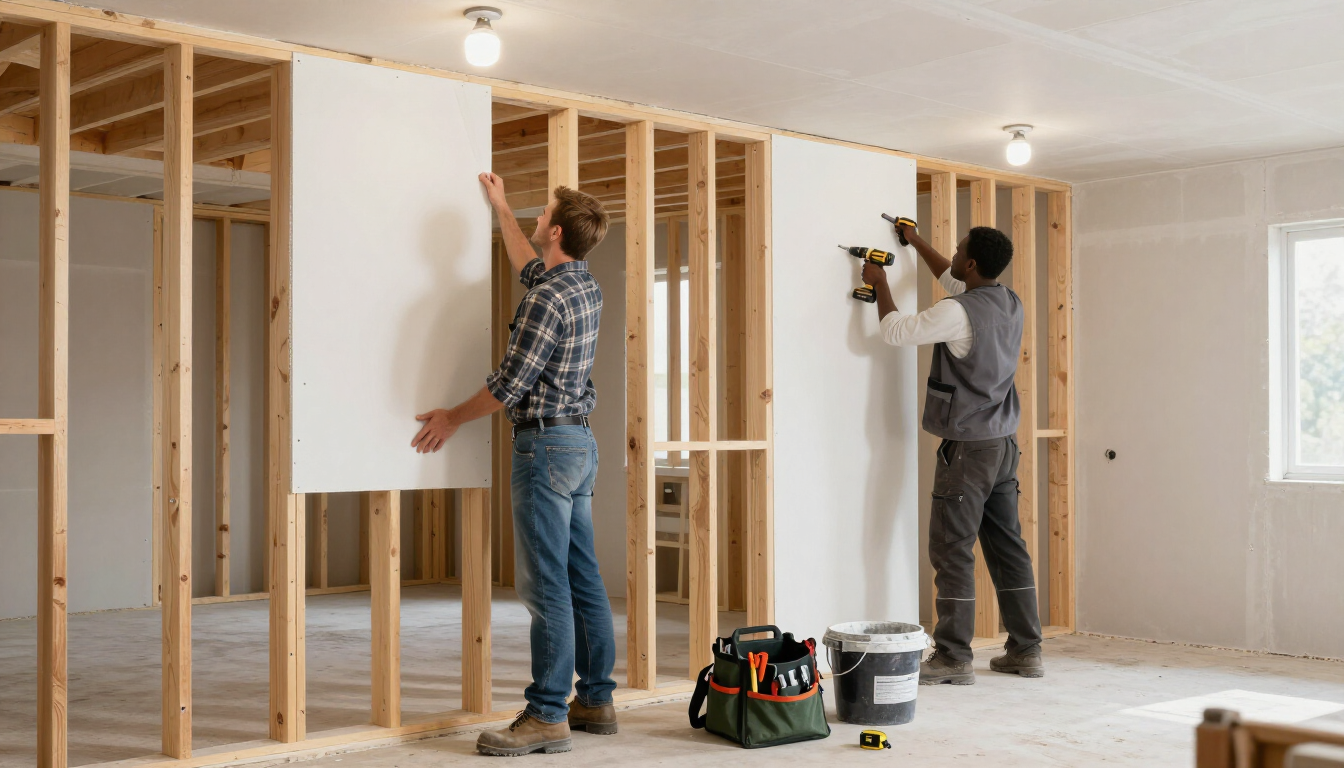 Worker installing a large white drywall panel in an unfinished room under construction