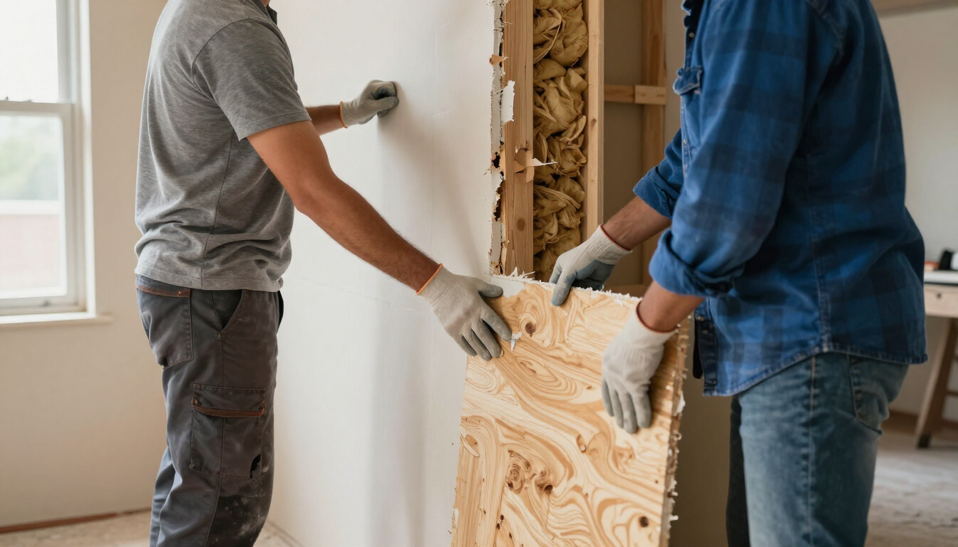 Worker in gloves and blue respirator using a trowel to patch a wall indoors