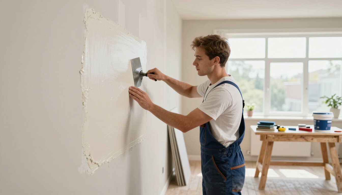 Hands smoothing white joint compound on a wall with a putty knife during repair work