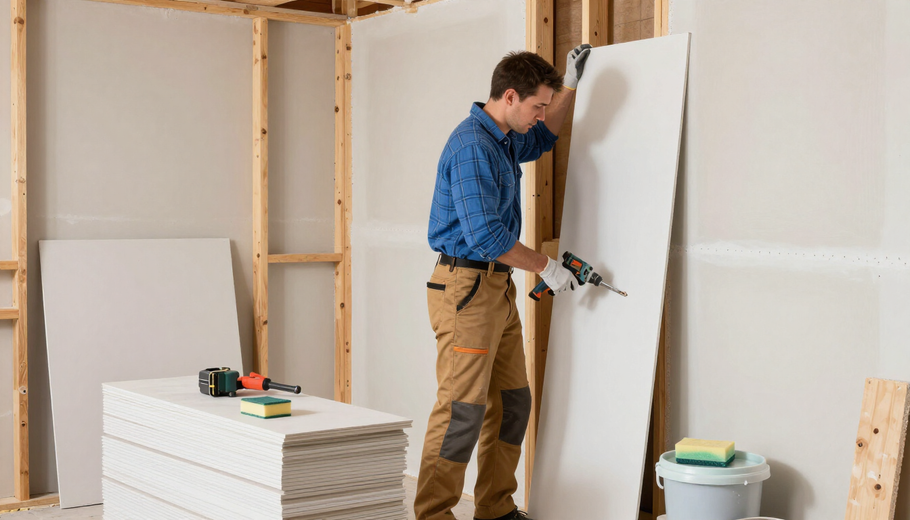 Hand smoothing wet gray plaster on a wall with a trowel