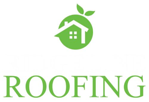 A green logo for roofing with a house and leaves in a circle.