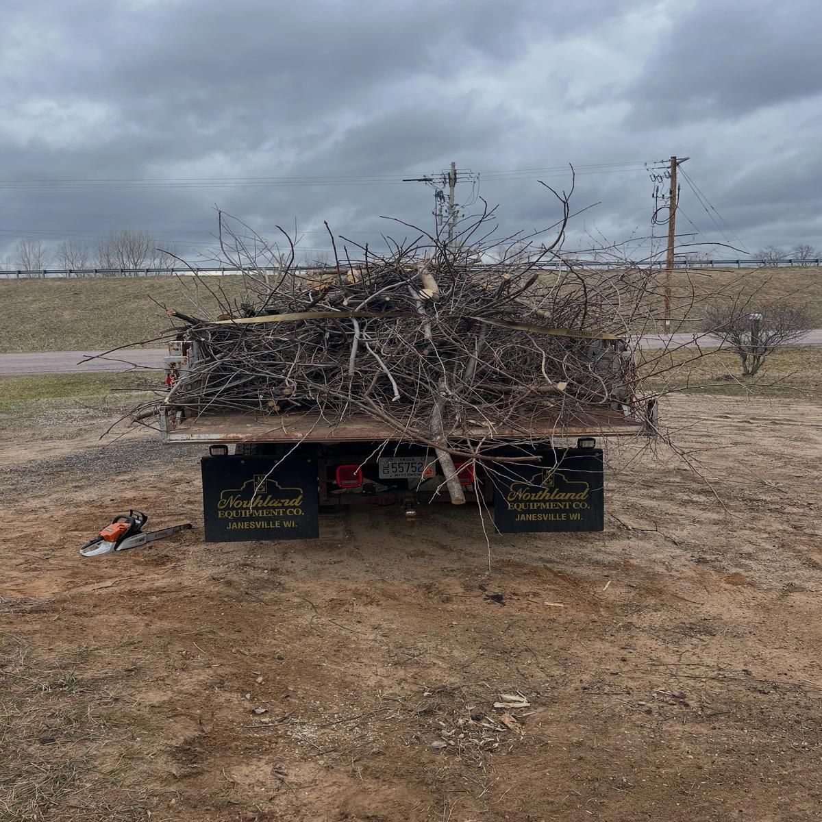 Flatbed trailer loaded with brush and branches on a rural roadside under a cloudy sky