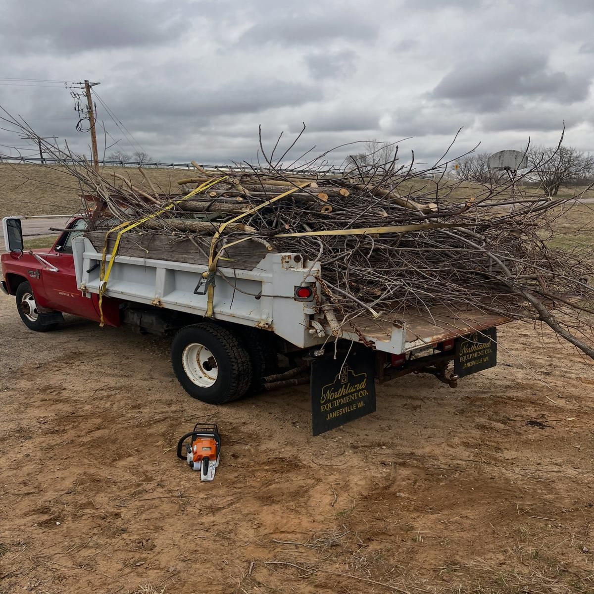 Red dump truck piled high with cut tree branches in a muddy field under cloudy skies