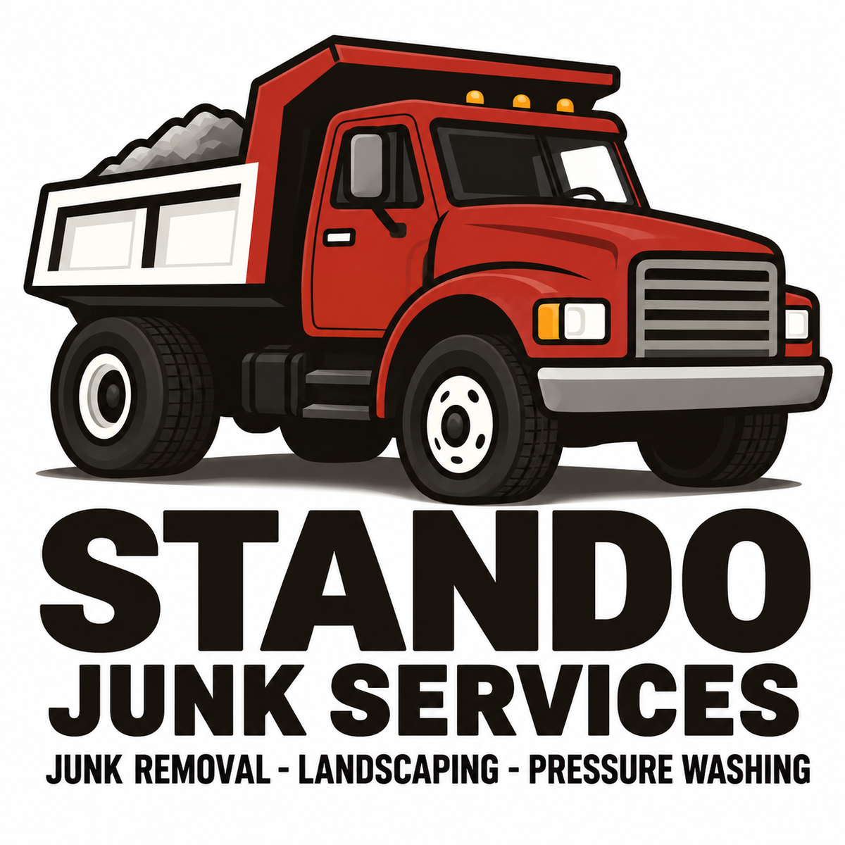 Stando Junk Services logo with red dump truck and service text for junk removal, landscaping, and pressure washing