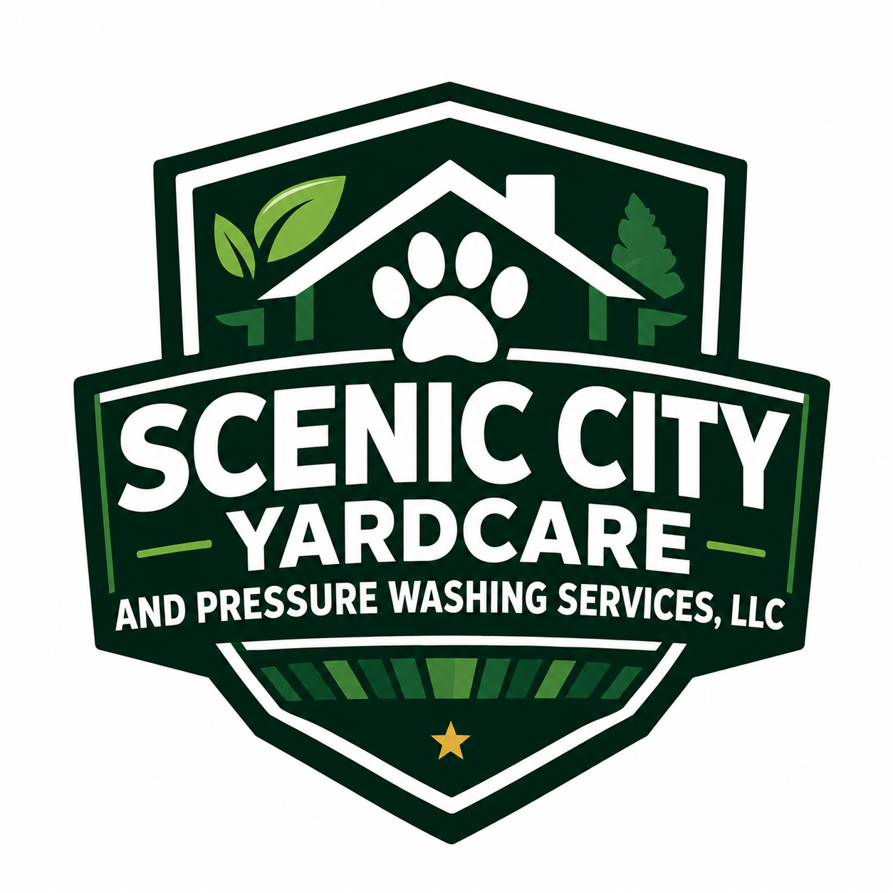 Green YardGuard Home Services shield logo with leaf and paw-print house icon