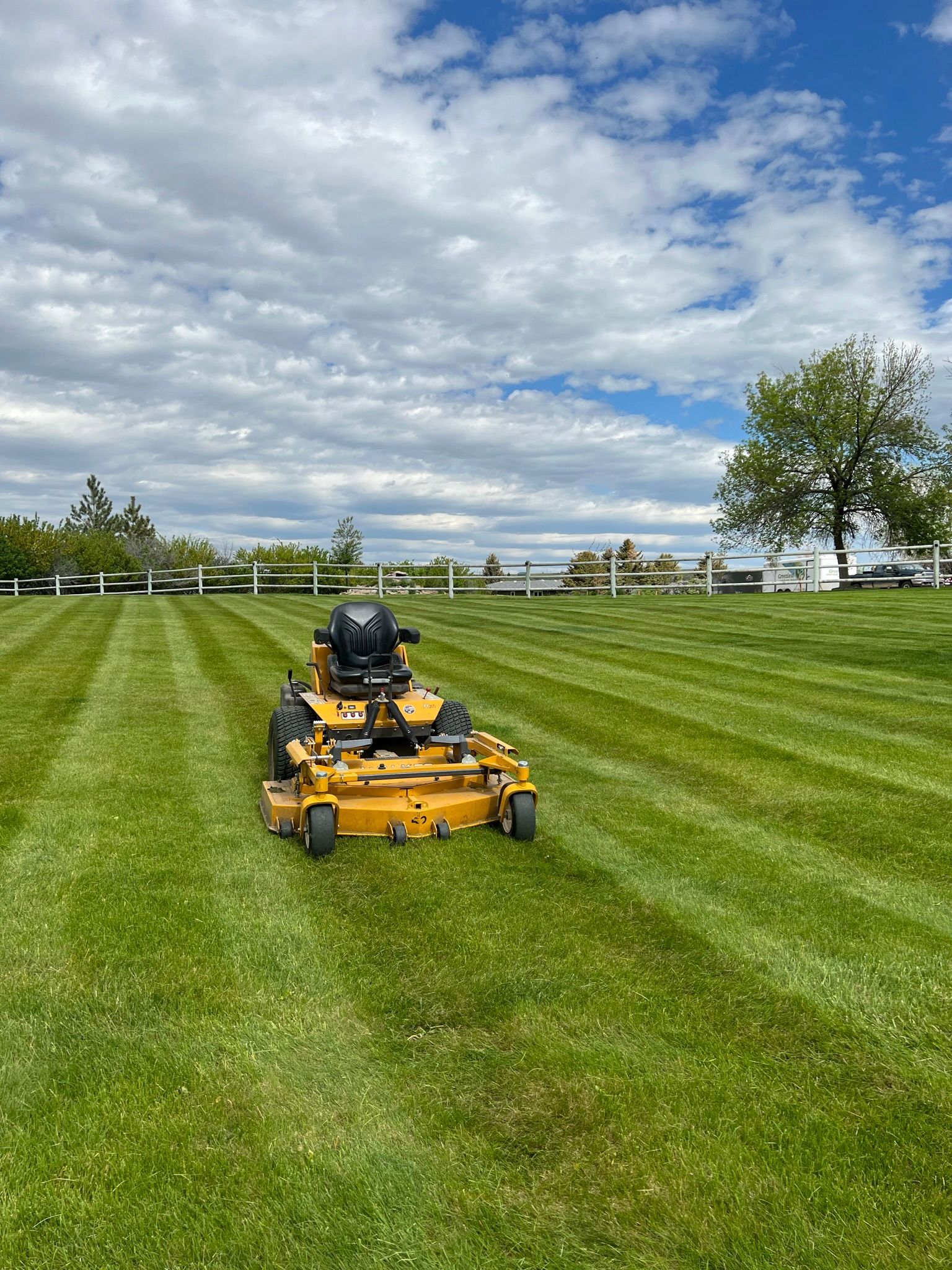 Yellow lawnmower on green grass, cutting stripes. White fence and cloudy sky in the background.