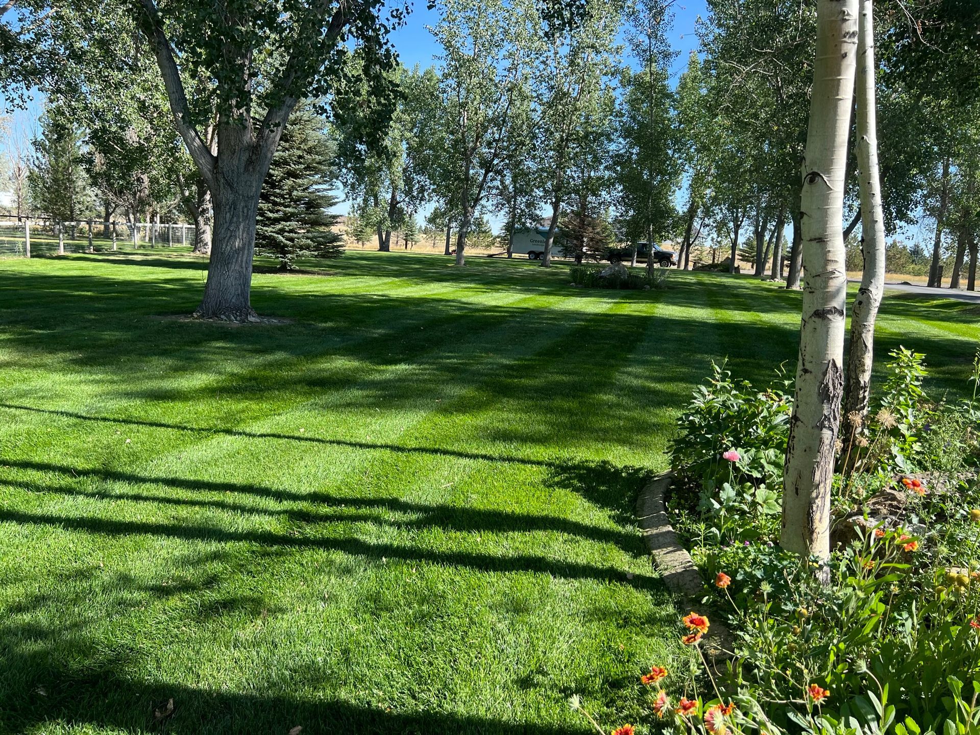 Lush green lawn with trees, a flower bed in the foreground, and a house in the distance under a blue sky.