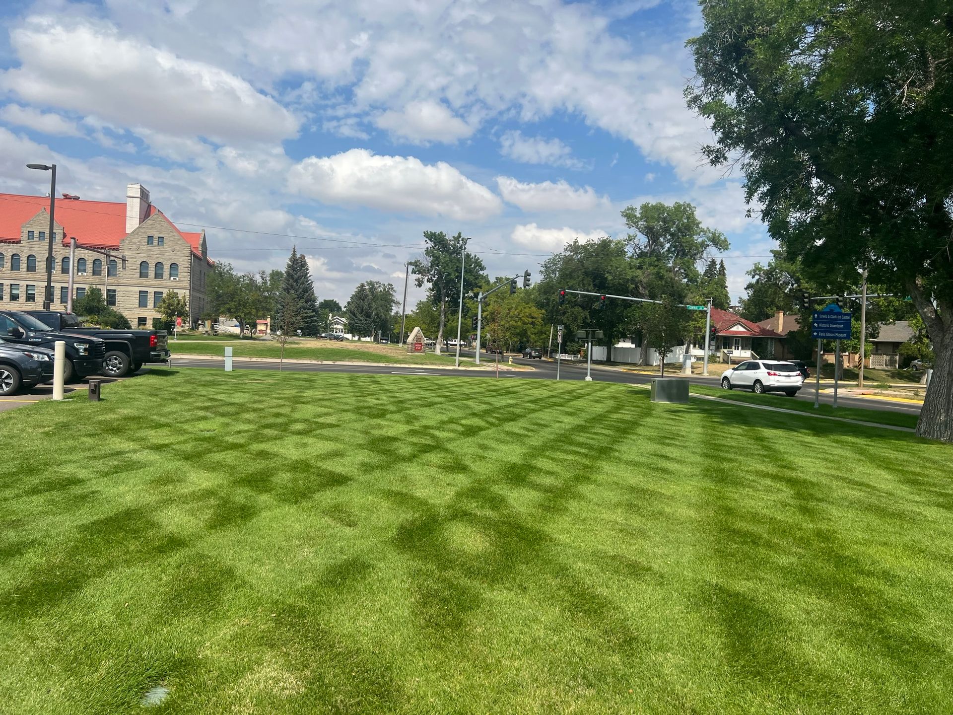 Lawn with geometric mowing pattern in front of a city building and cars on a sunny day.