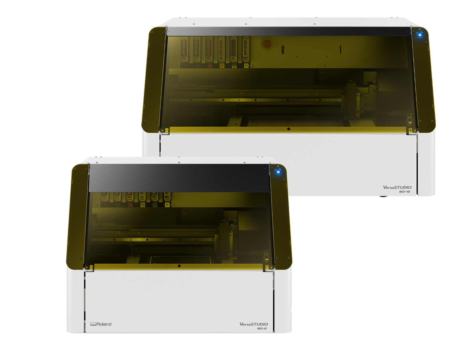 Roland BD-8 & BD-12 UV flat bed printer with optional rotary attachment.