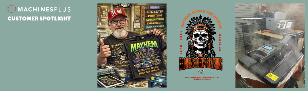 Machines Plus Customer Spotlight on Broken Spoke Creations, man with thumbs up holding a printed t-shirt. Logo of a skull wearing a Native American head dress. Background colour is teal.
