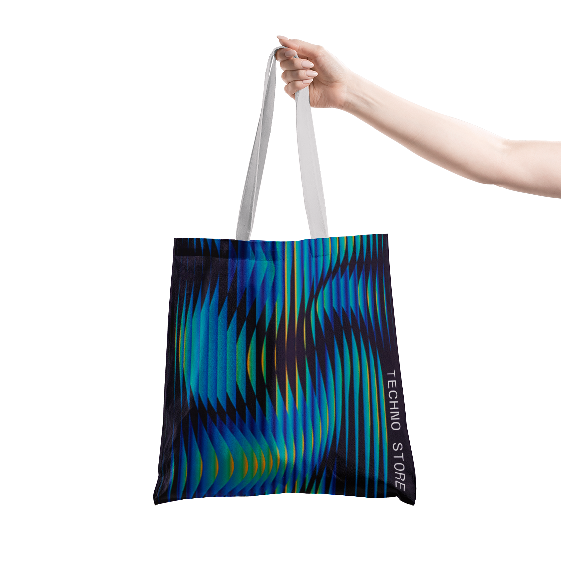Roland DG TY-300 DTF example showing blue hues on a tote bag.