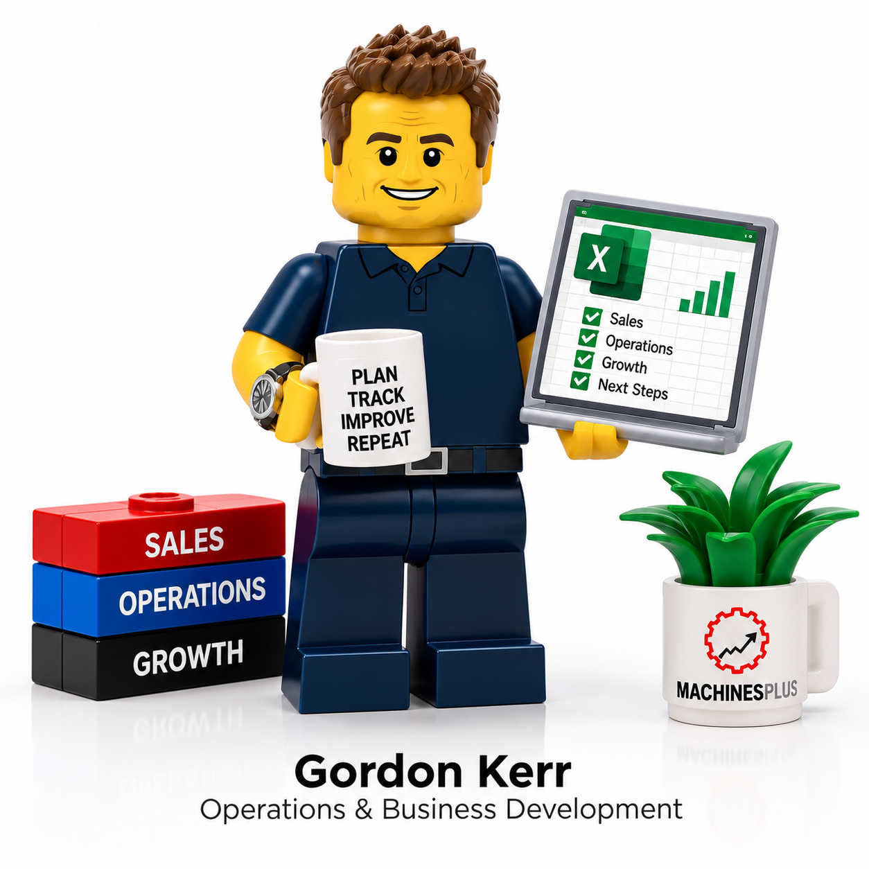 Lego figure smiling with red top and blue legs
