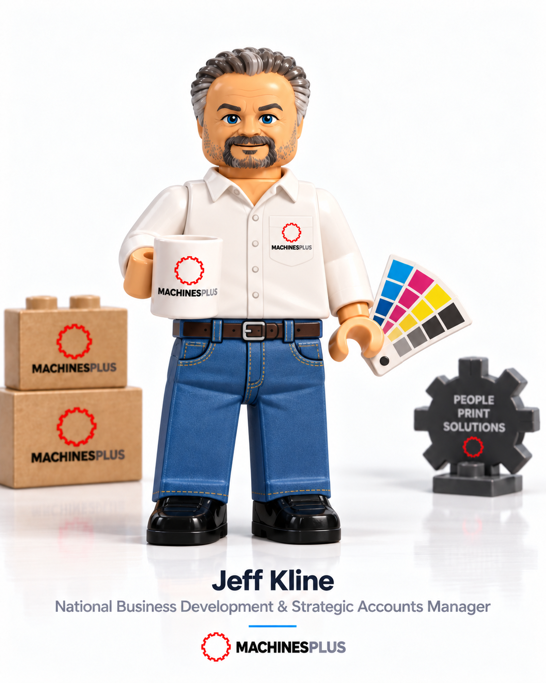 Lego figure smiling with red top and blue legs