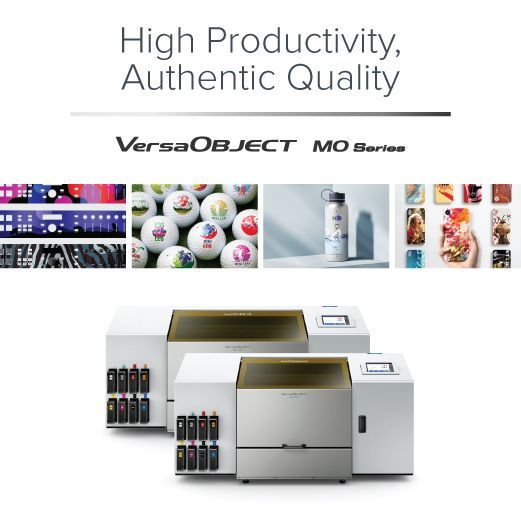Roland DG MO Series UV Flatbed Printers with print examples and title reading, High Productivity, Authentic Quality.