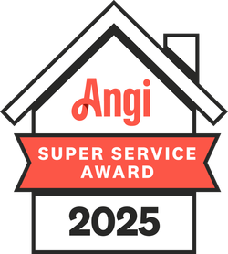 Angi Super Service Award badge, 2025. House outline with Angi logo and red ribbon.