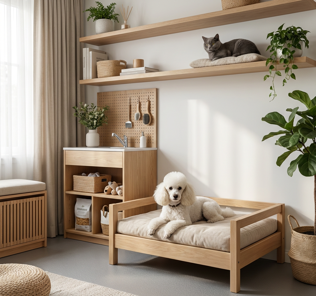Quarto Pet. Um poodle relaxa em uma caminha para cães em um quarto moderno e iluminado, com um gato em uma prateleira acima.