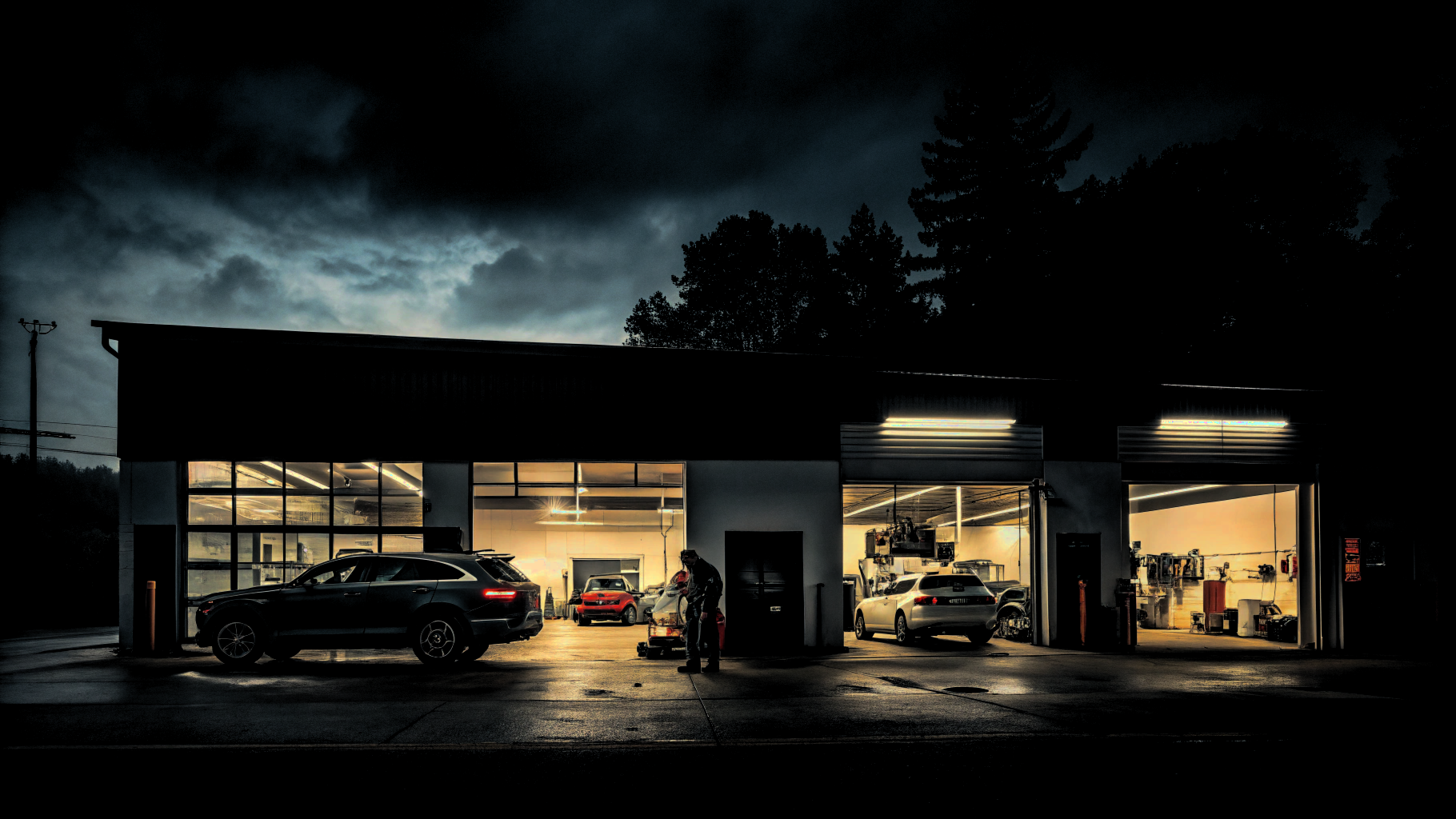 Garage at night with cars inside and workers, lit by overhead lights, stormy sky.