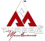 Logo for Three A's Maintenance. Red and white mountain-shaped design with