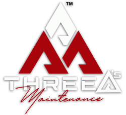 Logo for Three A's Maintenance. Red and white mountain-shaped design with