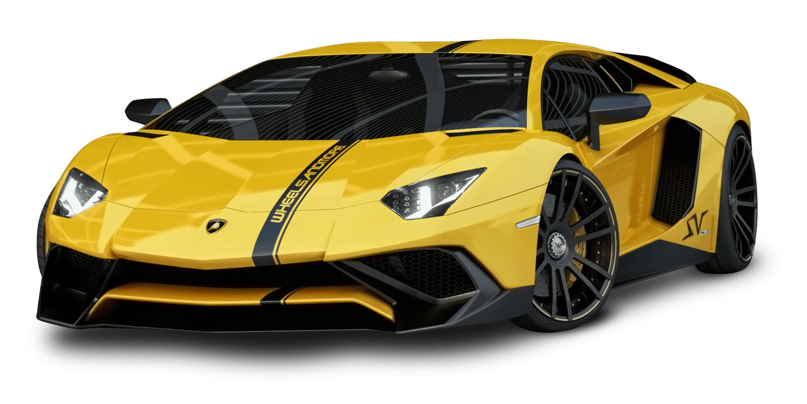 Yellow Lamborghini sports car with black accents and racing stripes.
