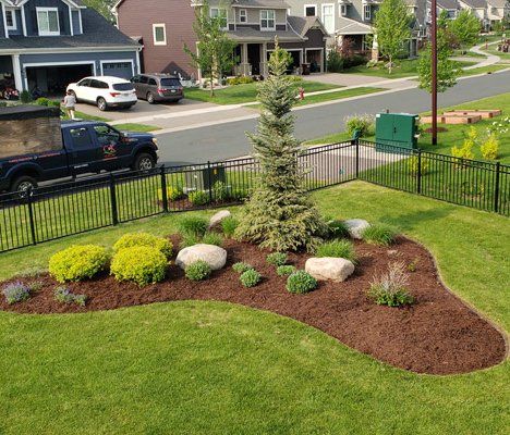 Landscaped front yard with a conifer, rock accents, and a black wrought-iron fence.