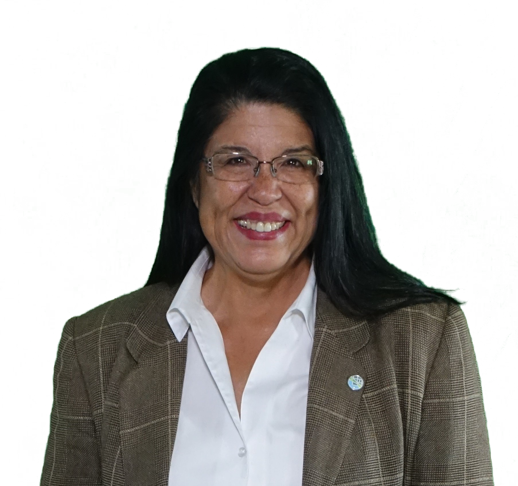 Smiling woman in glasses and brown blazer on a white background