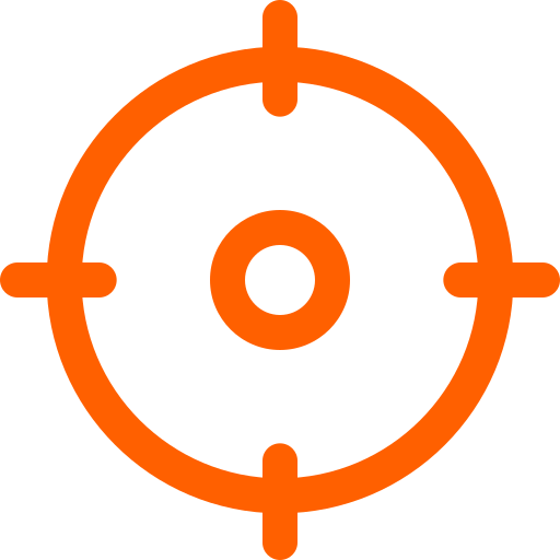 Orange target/crosshair icon with four outer marks and a centered dot on white background
