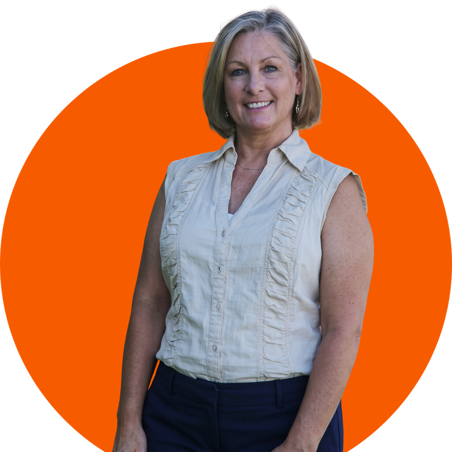 Smiling woman in a white sleeveless blouse against an orange circular background