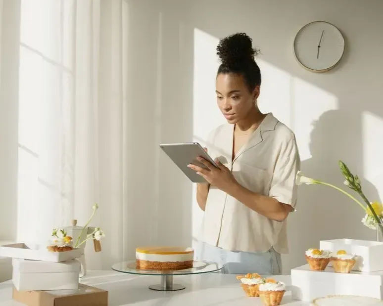 Person decorating a bright kitchen while checking a tablet beside a cake and cupcakes