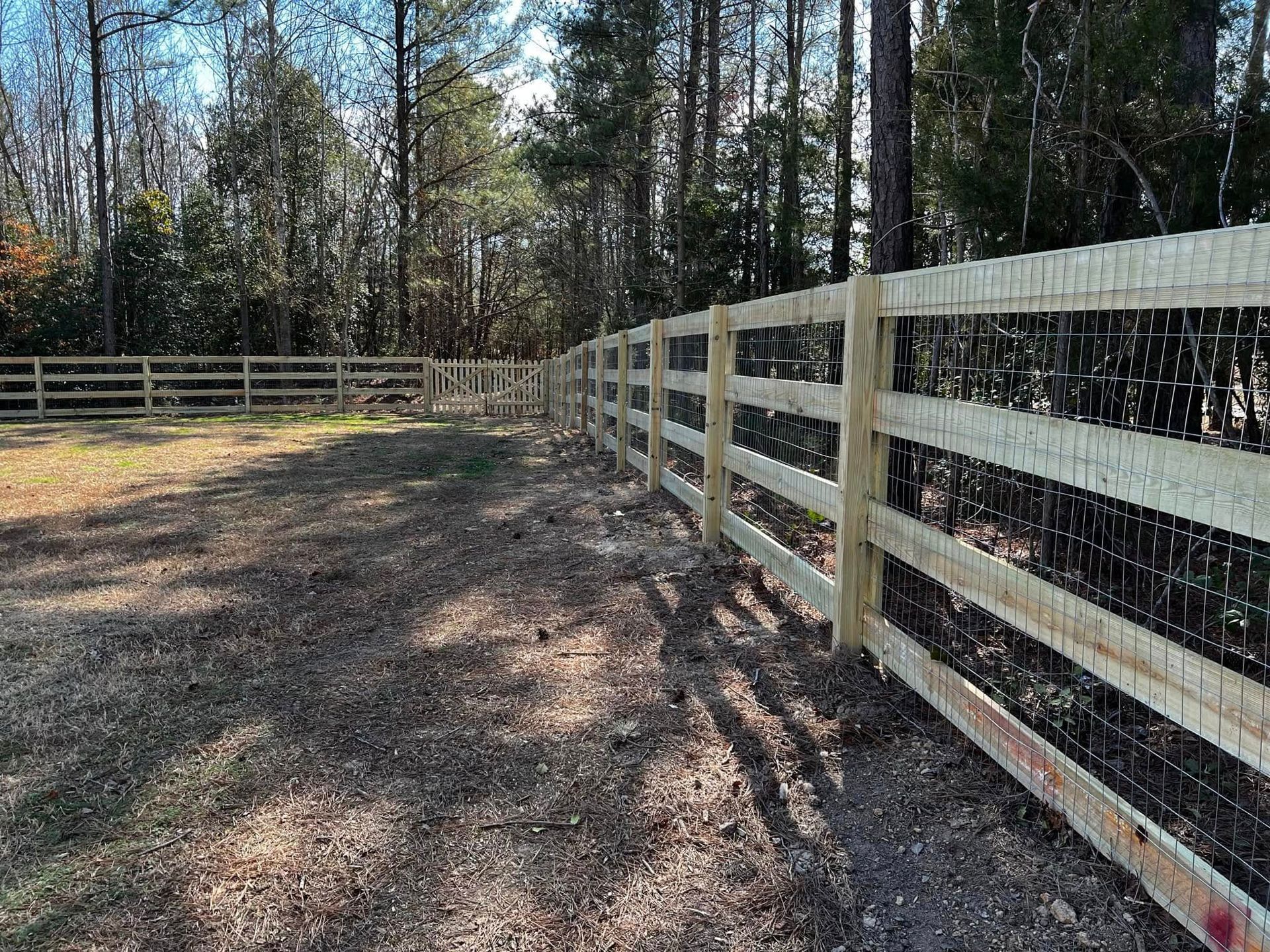 Wooden fence along a dirt path in a wooded area on a sunny day