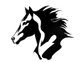 Black and white horse head silhouette logo with flowing mane