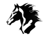 Black and white horse head silhouette logo with flowing mane