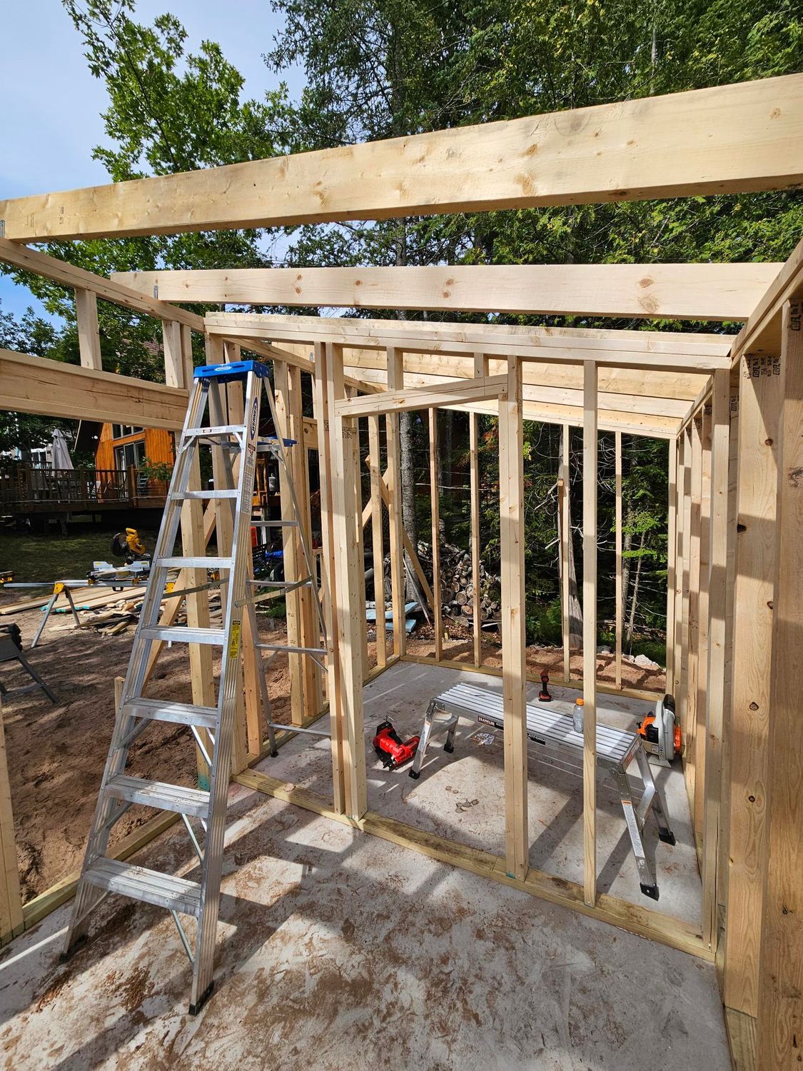 Partially framed wooden shed under construction with ladder, tools, and plywood walls outside among trees